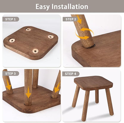Jurath Natural Solid Wood Step Stool Wood Stool for Kids 11.7'' Sturdy Sitting Stool Wooden Step Stool for Adults Square Stool Wood Plant Stand Small Foot Stool with Four Detachable and Assembled Legs