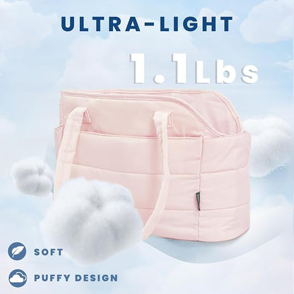 Lightweight Puffy Dog Purse Carrier for Small Dogs, Pink | Quilted Pet Carrier Tote with Safety Leash Clip, Storage Pockets and Removable Base, for Pets Up to 15 lbs, Pink