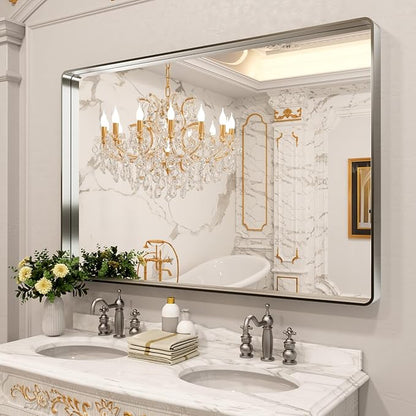 LOAAO 60X40 Inch Brushed Nickel Bathroom Mirror, Rounded Rectangle Silver Metal