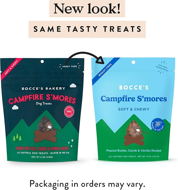Bocce's Bakery Campfire S'Mores Treats for Dogs, Wheat-Free Everyday Dog Treats, Made with Real Ingredients, Baked in The USA, All-Natural Soft & Chewy Cookies, Peanut Butter, Carob, & Vanilla, 6 oz