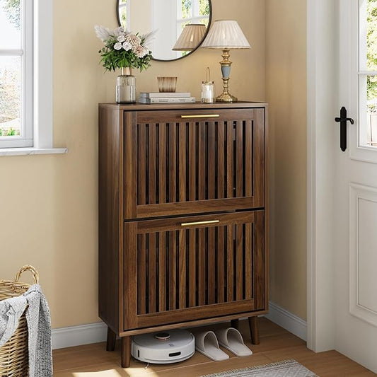 Shoe Cabinet with 2 Flip Slatted Drawers, Farmhouse Slim Shoe Organizer Rack