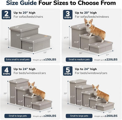 2-Step Wide Dog Stairs with Storage 11" H, Non-Slip Sturdy Pet Steps for Couch Chair, Dog Steps for Small/Medium Old Dogs, Cats, Rabbits Up to 150lbs, Foldable Cat Puppy Stairs for Car, Grey