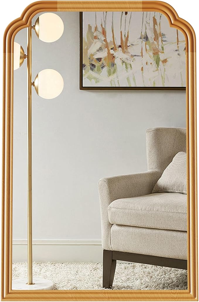 Wood Frame Wall Mirror for Bathroom, Rounded Corner Arch Rectangle Mirror for