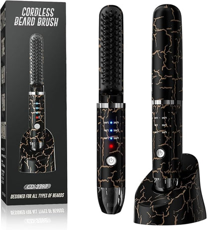 Beard Straightener for Men, Cordless Heated Beard Brush, Portable Beard Hot Combs, Ionic Mini Hair Straightener with 3 Temp Settings, Coarse Curly Hair Brush, Grooming Kit for Men