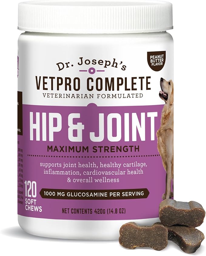 VetPro Complete Dr. Joseph's Peanut Butter Hip and Joint Dog Chews, 120 Count, Pain and Inflammation Relief with Glucosamine, Chondroitin, MSM, Turmeric, Vitamin C, Omega 3, Treats Hip Dysplasia