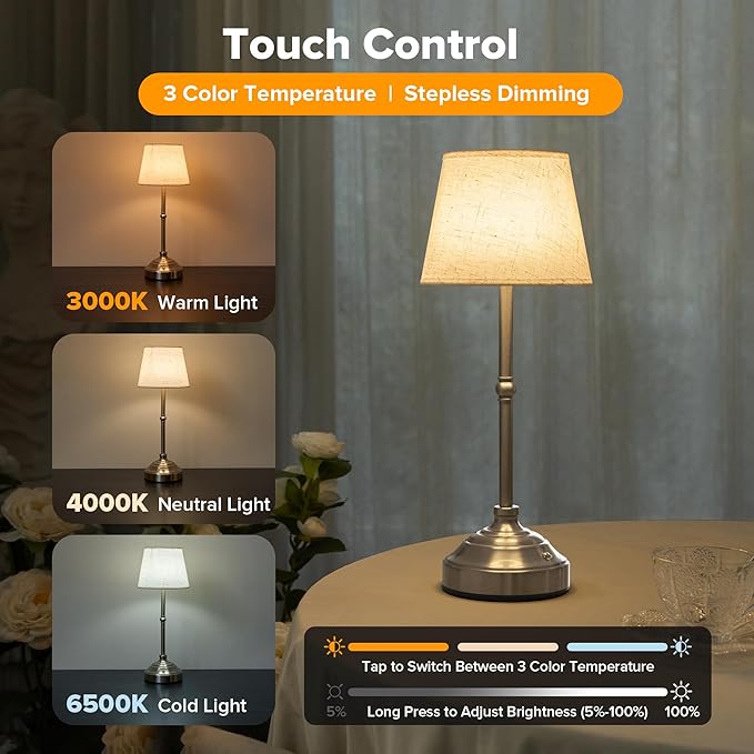 2 Pack Cordless Table Lamp, Rechargeable Desk Lamp with Fabric Shade, Battery Operated Lamp 3 Color Stepless Dimming, Small Touch Bedside Lamp Home Decor for Dining, Counter (Brushed Sliver)