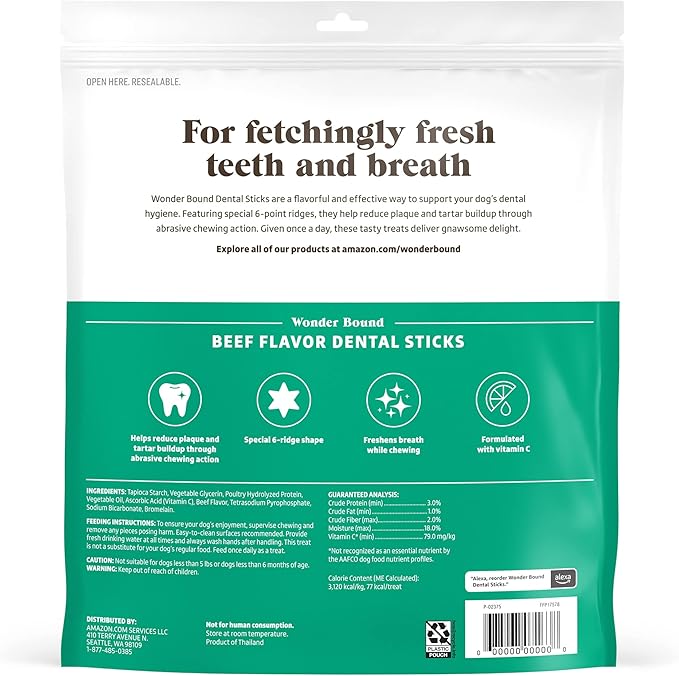Amazon Brand - Wonder Bound Beef Flavor Dental Sticks for Large Dogs (Over 30 lbs), 6-Ridge Shape for Plaque & Tartar Control, Freshens Breath, Formulated with Vitamin C, 40 Count (Pack of 1)