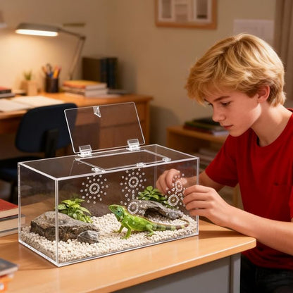 Large Jumping Spider Enclosure, 12x6x6 Inch Acrylic Spider Terrarium, Pre-Assembled Reptile Enclosure with Front Opening Door, Habitat Accessories for Mantis, Tarantula, Snail, Invertebrates