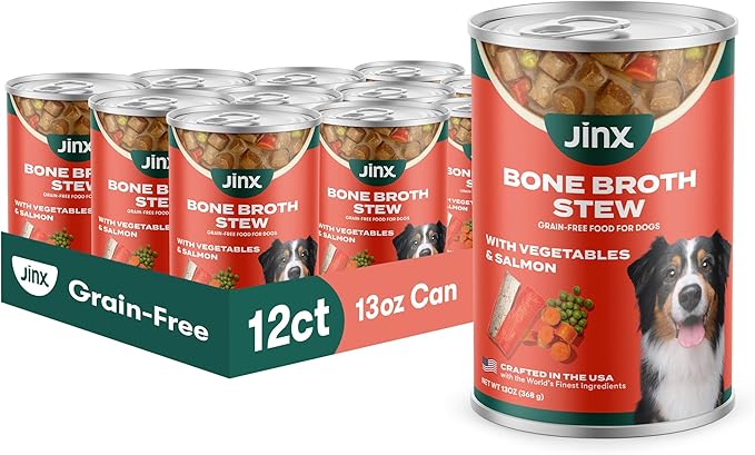 Jinx Bone Broth Stew for Dogs - Salmon & Vegetables Recipe - Grain-Free Wet Dog Food & Topper for Picky Eaters - Promotes Lean Muscle Growth, A Healthy Coat & Improved Digestion - 13 Oz, 12 Pack