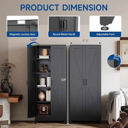Black Tall Farmhouse Metal Pantry Linen Storage Cabinet and Organizers