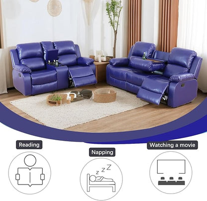 A Ainehome Living Room Furniture Set Leather Recliner Sofa Set Loveseat Chair Furniture Sofa Set for Living Room/Small Space/Rv/House/Office/Theater Seating (A-Blue Leather, Sofa+Loveseat)
