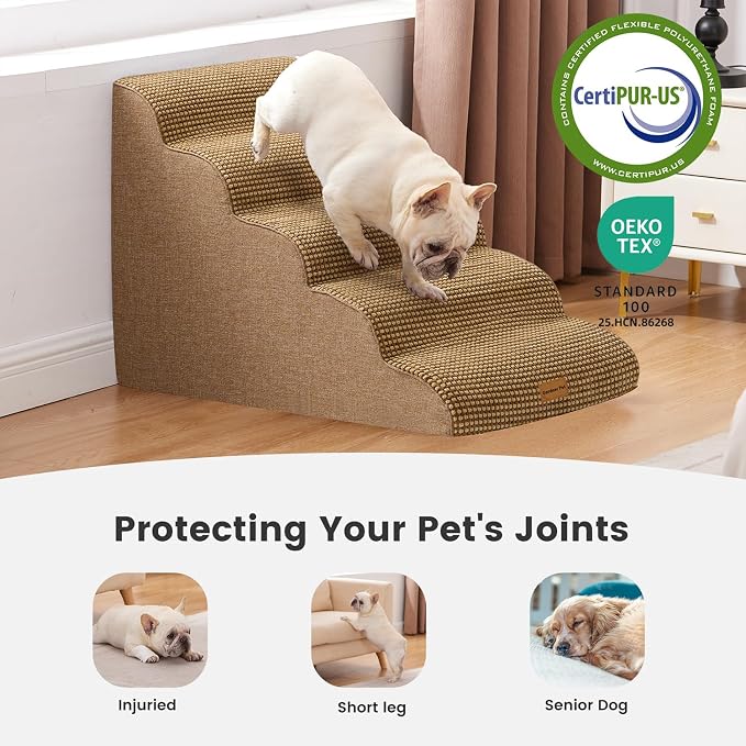 Gardner Pet Dog Stairs for Small Dogs 22.8" H, 5-Step Brown Curved Pet Stairs, Dog Steps for High Bed, Couch (24-30 in) with Durable Non-Slip Waterproof Fabric Cover and CertiPUR-US Certified Foam
