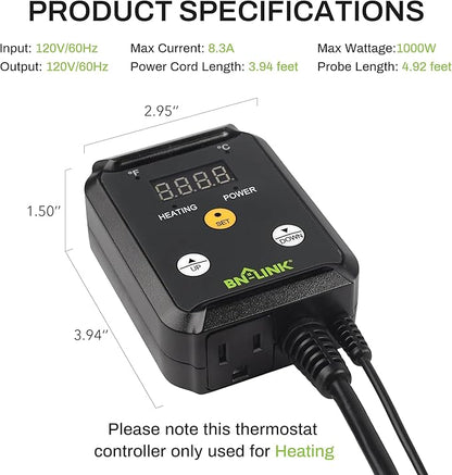 BN-LINK Reptile Thermostat Temperature Controller, Digital Heat Mat Thermostat for Seed Starting, Plant Germination, Greenhouse, Incubator, Brooder, Brewing, Reptiles Tank,40-108°F, 1000W, ETL Listed