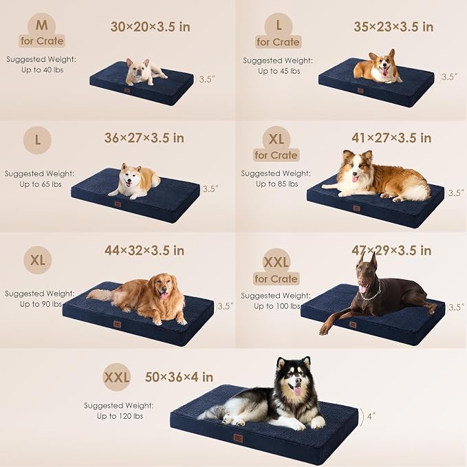 EHEYCIGA Orthopedic Dog Bed Large with Removable Washable Cover, 44IN Navy | Egg Crate Foam Support, Durable Oxford fabric, Non-Slip Bottom, Machine Washable, Soft Waterproof Plush Pet Bed Mat For Crate
