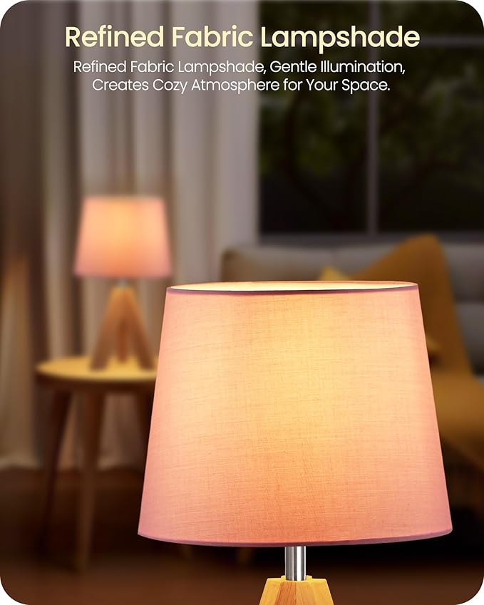 Small Tripod Table Lamp, Modern Nightstand Lamp with Fabric Shade, Boho Bedside Wood Desk Light for Bedroom, Kids Room, Living Room, Office, Study, Pink, P51TL05
