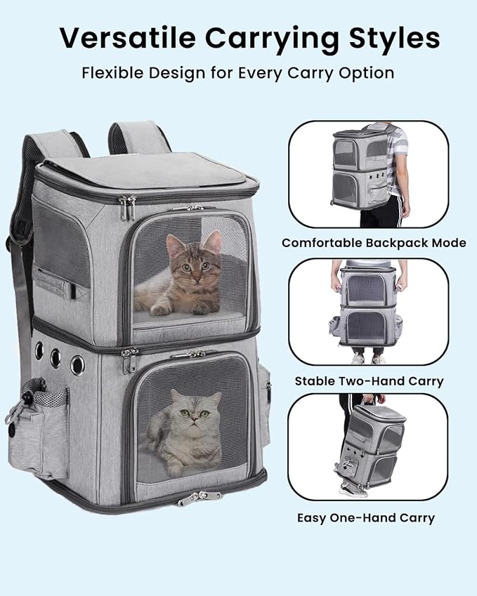 HOVONO Double-Compartment Cat Backpack Carrier for Mulit-Cat Families | Extra Large Pet Backpack Carrier for 2 Cats with Removable Divider and Breathable Mesh Windows for Hiking/Camping/Vet Visits