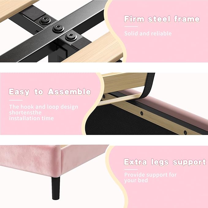 EnHomee Queen Bed Frame with LED and Velvet Headboard, Bed Frame Queen Size with Adjustable Cute Cloud Headboard, Strong Support, Noise Free, No Box Spring Needed, Easy Assembly, Pink