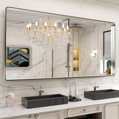 LOAAO 72X40 Inch Brushed Nickel Bathroom Mirror, Rounded Rectangle Silver Metal