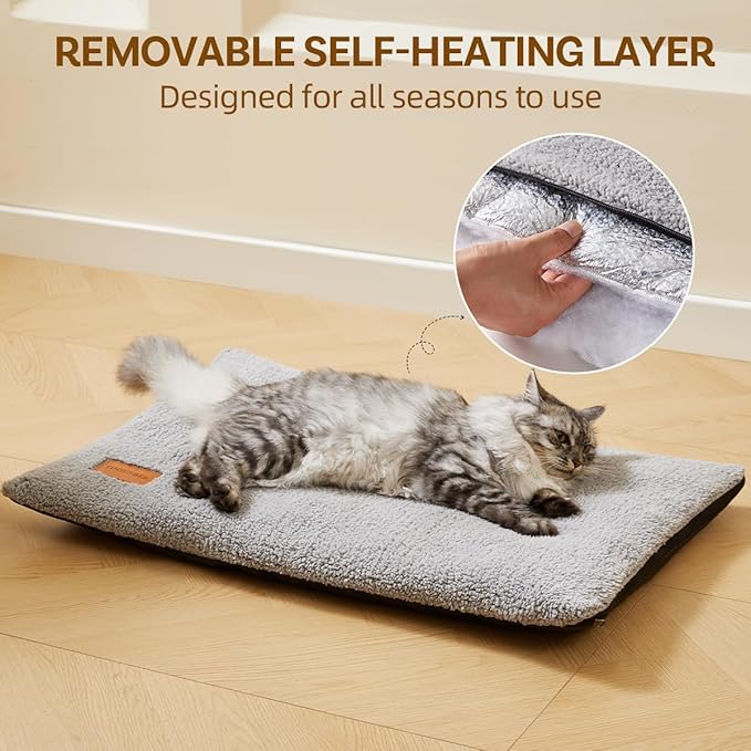 Self Warming Cat Bed Self Heating Pad 29 x 19 inch Thermal Pet mat for Indoor Outdoor Pets Double Filled Cat Mat with Washable Removable Cover Non-Slip Bottom (Light Gray)