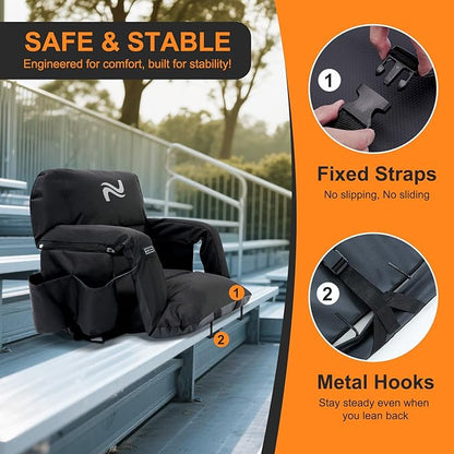 NAIZEA Wide Heated Stadium Seat for Bleachers w/Back Support & Cushion, Portable Bleacher Seats Foldable Stadium Chair with Armrests for Sports Events, Outdoor, Camping, Hiking-No Power Bank
