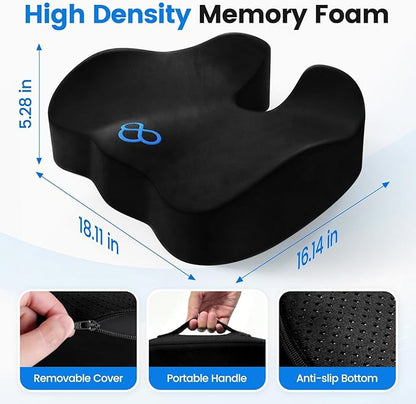 SofterCharm Seat Cushion with Carry Handle, Memory Foam for Tailbone/Sciatica Easing, Chair Cushions for Cars, Desks, Office Chair Cushion with Non-Slip Design, Ideal for Post-Surgery Recovery (Black)