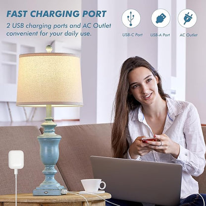 27.5" Set of 2 Farmhouse Table Lamps for Bedroom, 3 Way Dimmable Bedside Lamp with 2 USB +AC Outlet Nightstand Lamps for Living Room Resin Rustic Touch Lamps(Antique Blue)