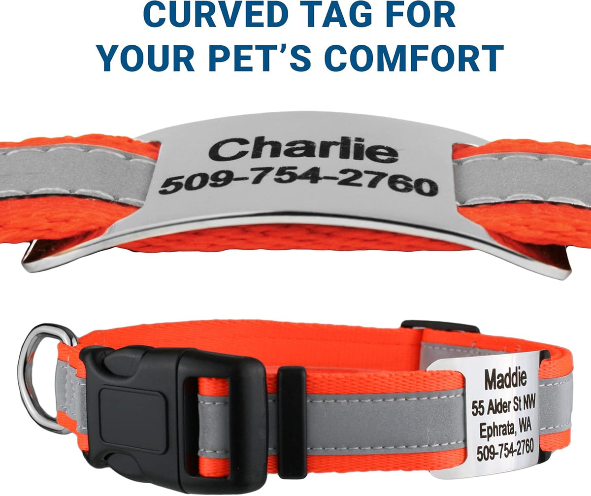 GoTags Reflective Personalized Dog Collar with Nameplate, Adjustable Dog Collar with Custom Engraved Steel Slide On Pet ID Tag, Silent, No Noise Dog Tag for Large Medium or Small (Orange, Large)