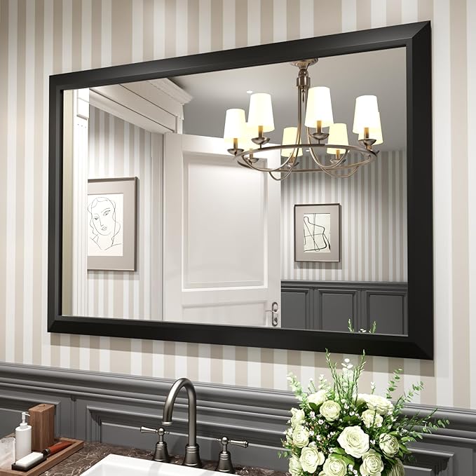 Amorho Black Bathroom Mirror, 48x35 Inch Thick Metal Framed Wall Mirrors