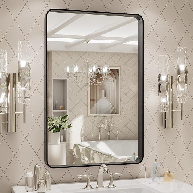 LOAAO 24X30 Inch Black Metal Framed Bathroom Mirror