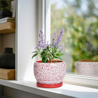 SQOWL 6 Inch Plant Pot - Ceramic Planter for Indoor Outdoor, Round Decorative Plant Pot with Drainage Hole and Saucer, Small Flower Planter, Home Balcony Decor, Gifts for Women Men, Red and White