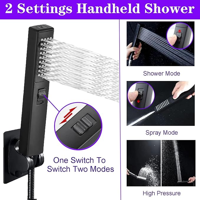 8"High Pressure Square Rain Shower Head and 2-in-1 Hand Shower.Equipped