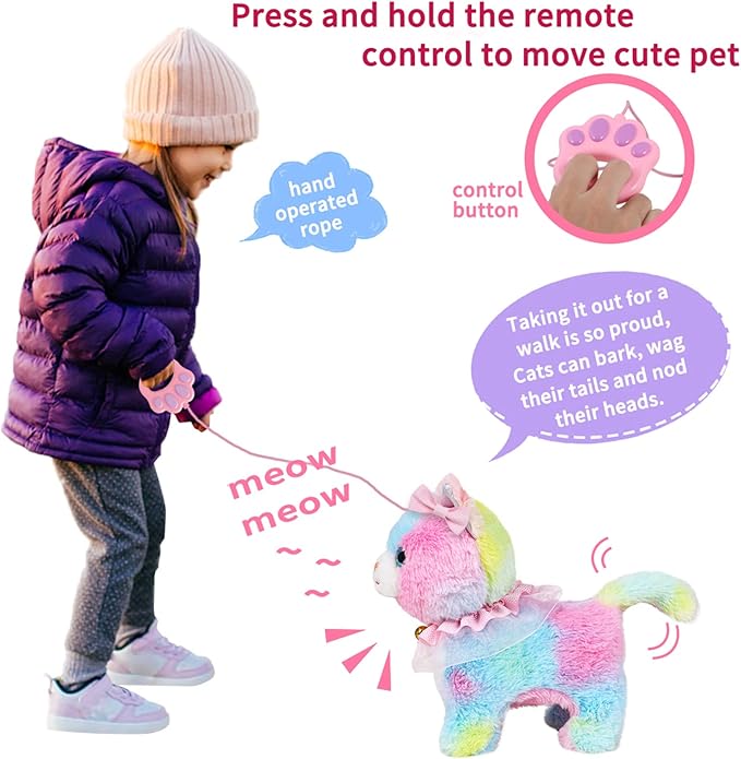 Interactive Electronic Plush Toy Walking and Barking Robot Cat Plush Cat Remote Control Kitten for Girls (Colorful Cat)