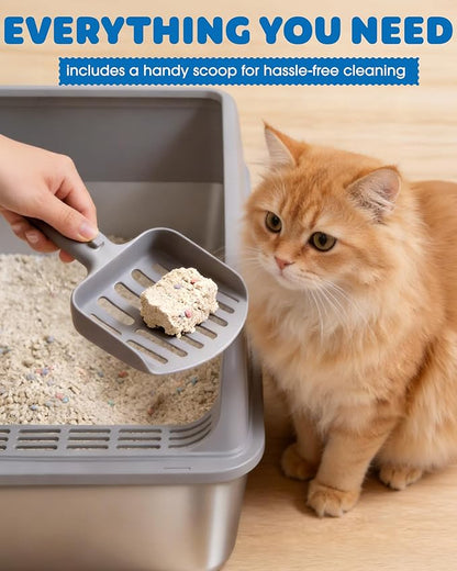 Powools Stainless Steel Cat Litter Box, Metal Litter Box with Scoop, High- Sided, Anti-Leakage Top Entry, Non-Sticky, Easy to Clean, Grey, M (2 Pack)