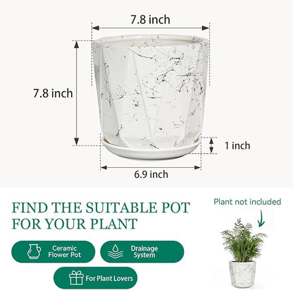 7.8 Inch Ceramic Plant Pot with Drainage Hole Mesh Net, Large Flower Pots for Indoor Plants with Saucer, Gardening Pots Outdoor