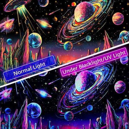 Tushelia Blacklight Galaxy Space Tapestry Neon Planet UFO Tapestries UV Reactive Cactus Mountain Wall Decor Black Light Starry Night Sky Tapestry Wall Hanging for Bedroom