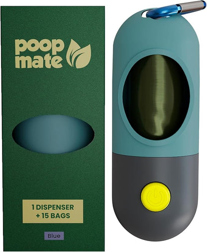 Dog Poop Bag Dispenser with LED Flashlight for Night Walks – Leash Clip & Metal Carabiner – Pet Waste Bag Holder Includes 1 Roll (15 Dog Poop Bags) – Durable, Portable – Blue