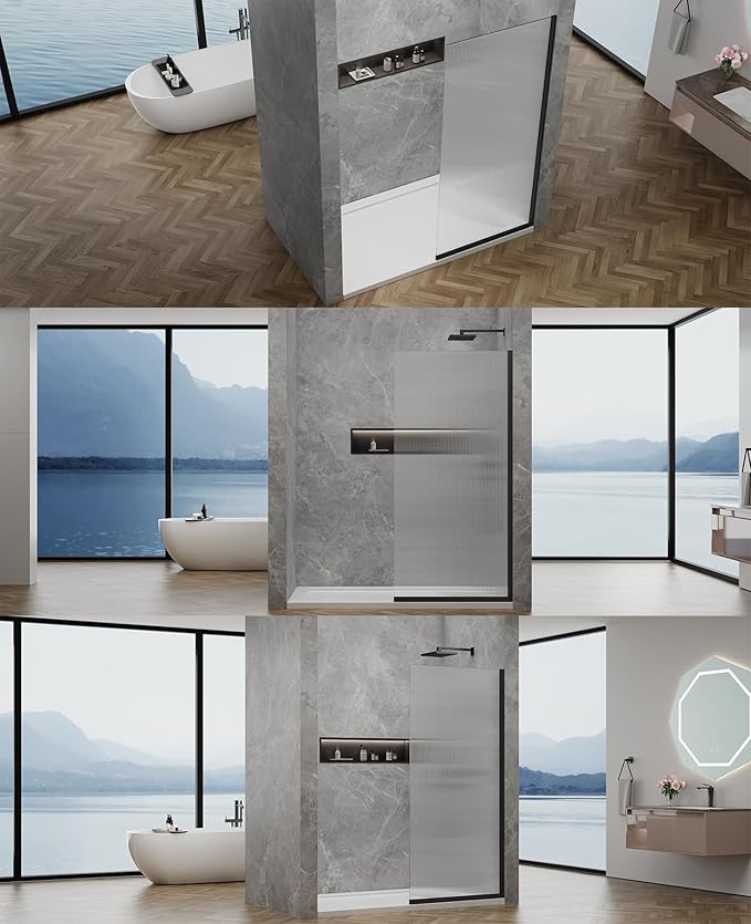36"x76" Fixed Glass Shower Door, 3/8" Thick Fluted Privacy Tempered Glass