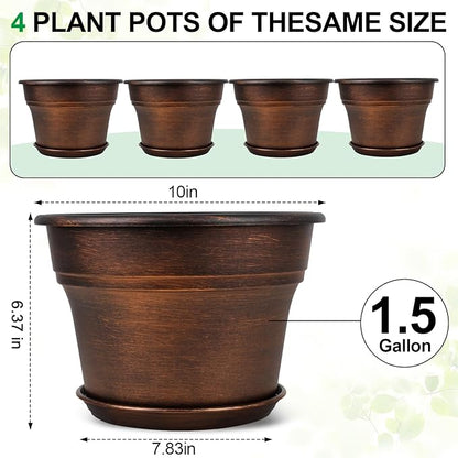 Fodetyff 10 Inch Planters Plant Pots Indoor Outdoor, 4 Pack Plastic Flower Pot for Indoor Plants with Drainage Holes & Trays, Resin Decorative Container Sets with Saucer for House Garden Copper