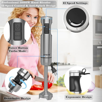 Handheld Immersion Blender Bundle, 1000W Powerful 11-in-1 Set