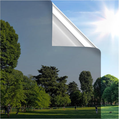 rabbitgoo Window Privacy Film One Way Window Tint for Home, Removable Reflective Heat Sun Blocking Anti UV Glass Door Covering, Mirror Tinting Film House Office, 35.4 in X 9.8 Feet, Black Silver