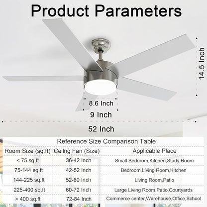 POCHFAN 52 Inch Brushed Nickel Ceiling Fans
