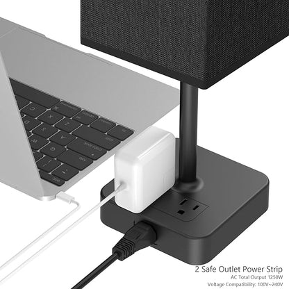 Bedside Table Lamp with Touch Control & USB C+A Charging Ports LED Desk Lamp with 2 AC Outlets, Minimalist Nightstand Light with Black Fabric Shade for Bedroom, Living Room, Office, Black
