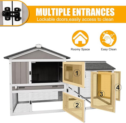 PetsCosset 57" L Rabbit Hutch Indoor and Outdoor 2-Story Rabbit Cage with Pull Out Tray,Fir Wood Guinea Pig Cages with Wooden Ramp,Waterproof Bunny Cage Indoor Bunny Hutch with Waterproof Roof,Grey