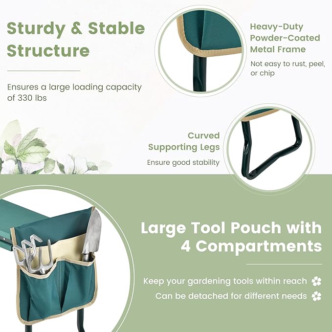Goplus Garden Kneeler and Seat, Heavy-Duty Garden Bench w/Large Tool Pouch, Widen EVA Foam Kneeling Pad, Portable Gardening Gift for Women Men Seniors, Foldable Garden Stool for Kneeling & Sitting