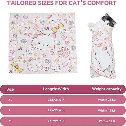 Cat Grooming Wrap for Cutting Nails, 31.5" Anti-Escape Calming Cat Swaddle Wrap for Medicine, Nail Clipping, Teeth Brushing, Ear Cleaning, Self-Adherent Burrito Restraint, (Happy Kitty, XL)