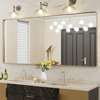 LOAAO 72”X32” Gold Bathroom Mirror, Rounded Rectangle Gold Frame Mirror