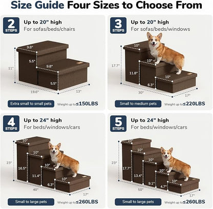 4-Step Wide Dog Stairs 23" H with Removable Cover, Non-Slip Storage Pet Steps for High Bed Couch, Pet Stairs for Small/Medium/Large Old Dogs Puppy Up to 220lbs, Cat Dog Steps for Car, Coffee