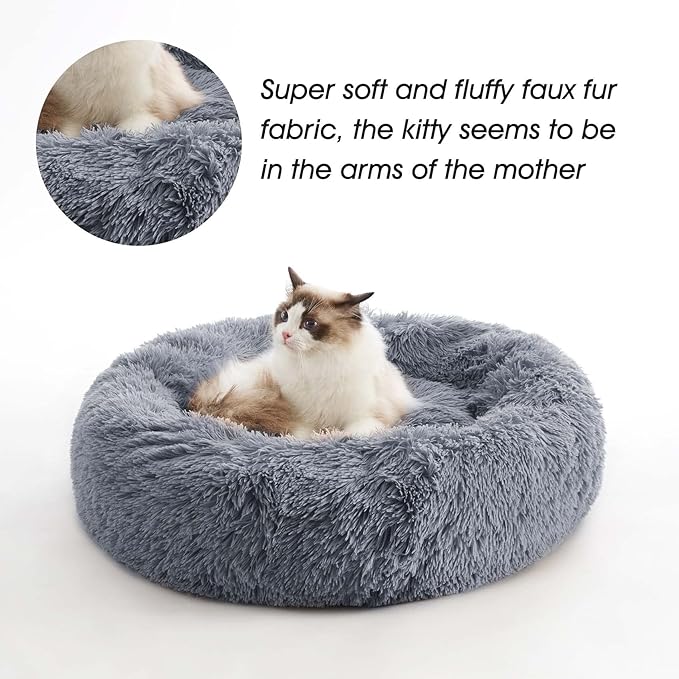 Western Home Calming Donut Small Medium Pet Dog Bed Washable,27" Navy Grey | Fluffy Faux Fur Round Cuddler,Anti-Anxiety,Anti-Slip Bottom,Plush Pet Dog Beds for Small Medium Sized Dogs,Up to 35 LBS