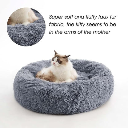 Western Home Calming Donut Small Medium Pet Dog Bed Washable,27" Navy Grey | Fluffy Faux Fur Round Cuddler,Anti-Anxiety,Anti-Slip Bottom,Plush Pet Dog Beds for Small Medium Sized Dogs,Up to 35 LBS