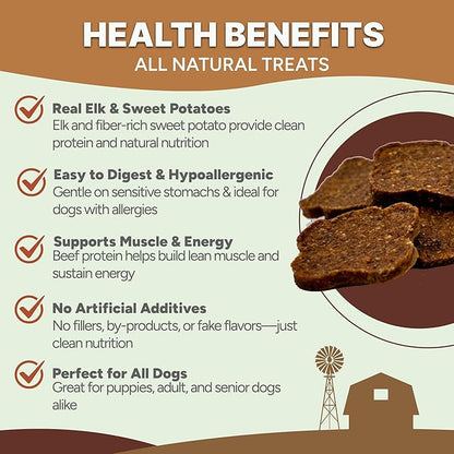 Gaines Family Farmstead Elk & Sweet Potato Dog Treats – 6 oz Natural, High-Protein, Grain-Free, Limited Ingredient Soft Chews for Gut Health and Sensitive Stomachs, Made in USA
